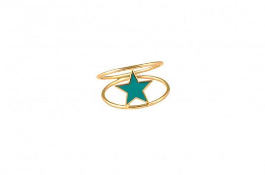 LRJC Double Line Aqua Blue Star Enameled Ring 18K Gold