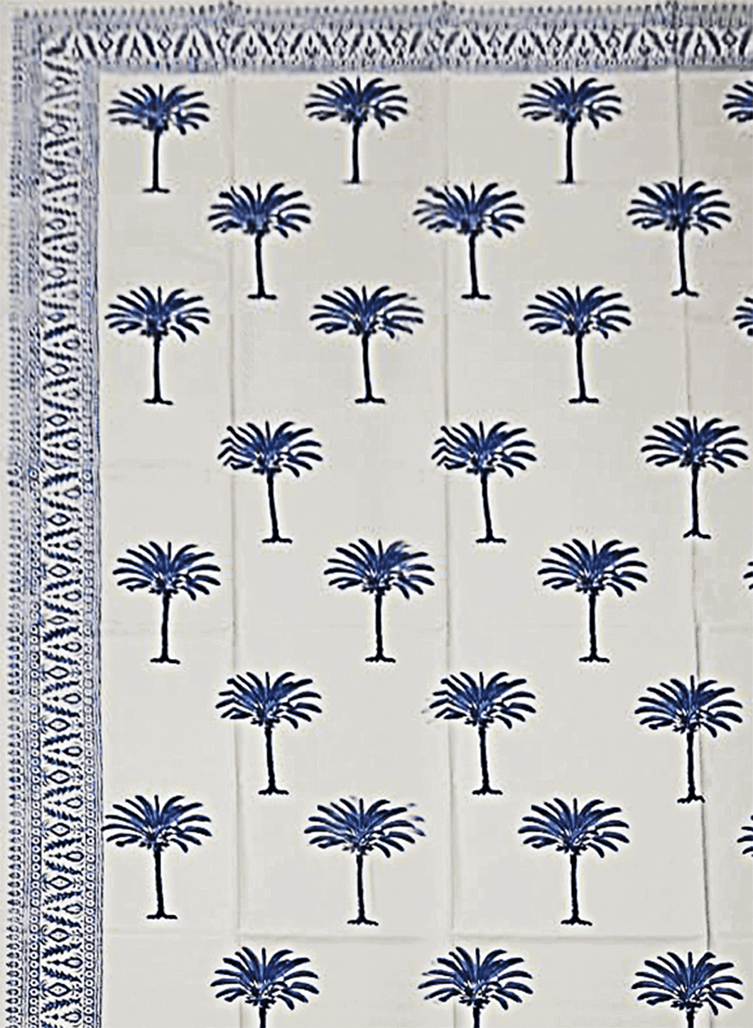 Les Ottomans Block Print Tablecloth - New Palm Tree Blue