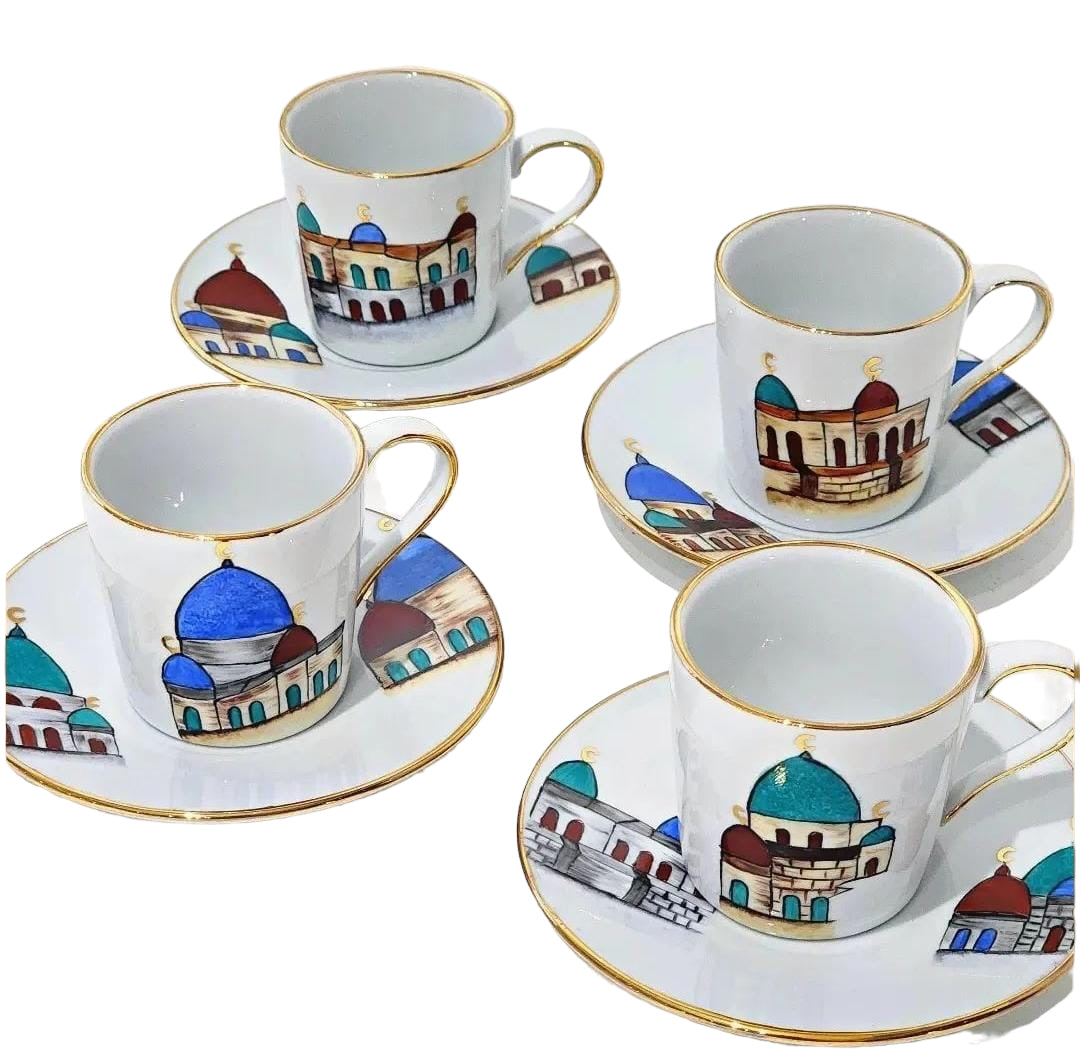 Colored Mosques Coffee Cups with Plate - Set of 6