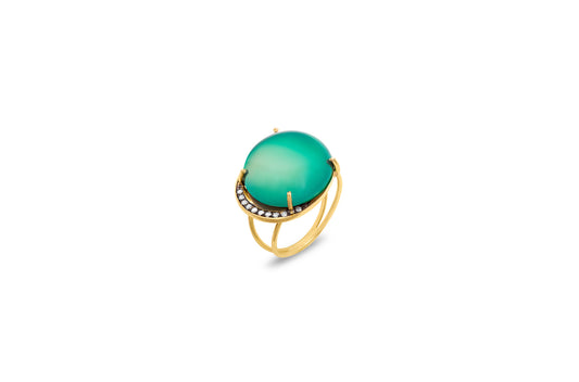 LRJC Green Agate & Diamonds Round Ring 18K Gold