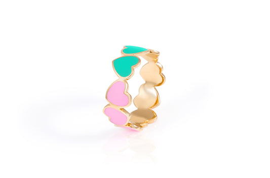 LRJC Heart of Hearts Pink & Aqua Enameled Ring 18K Gold