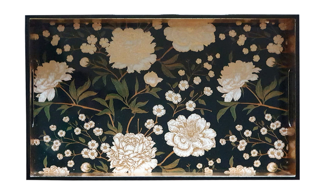 Les Ottomans Lacquered Rectangular Tray - Black Floral