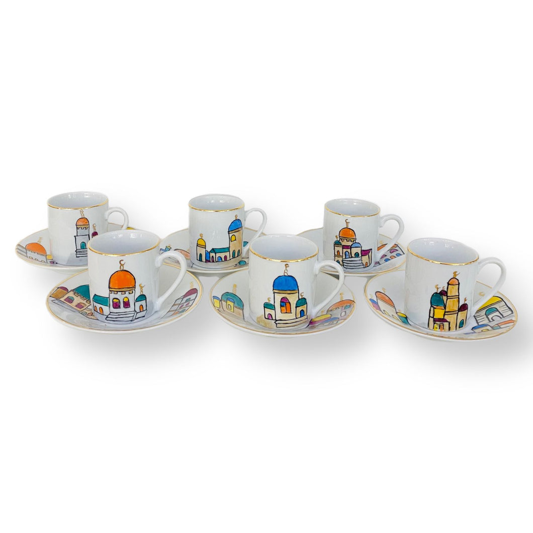 Colored Mosques Coffee Cups with Plate - Set of 6