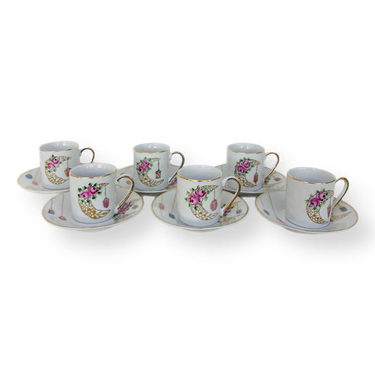 Ramadan Moon Roses Coffee Cups with Plate - Set of 6