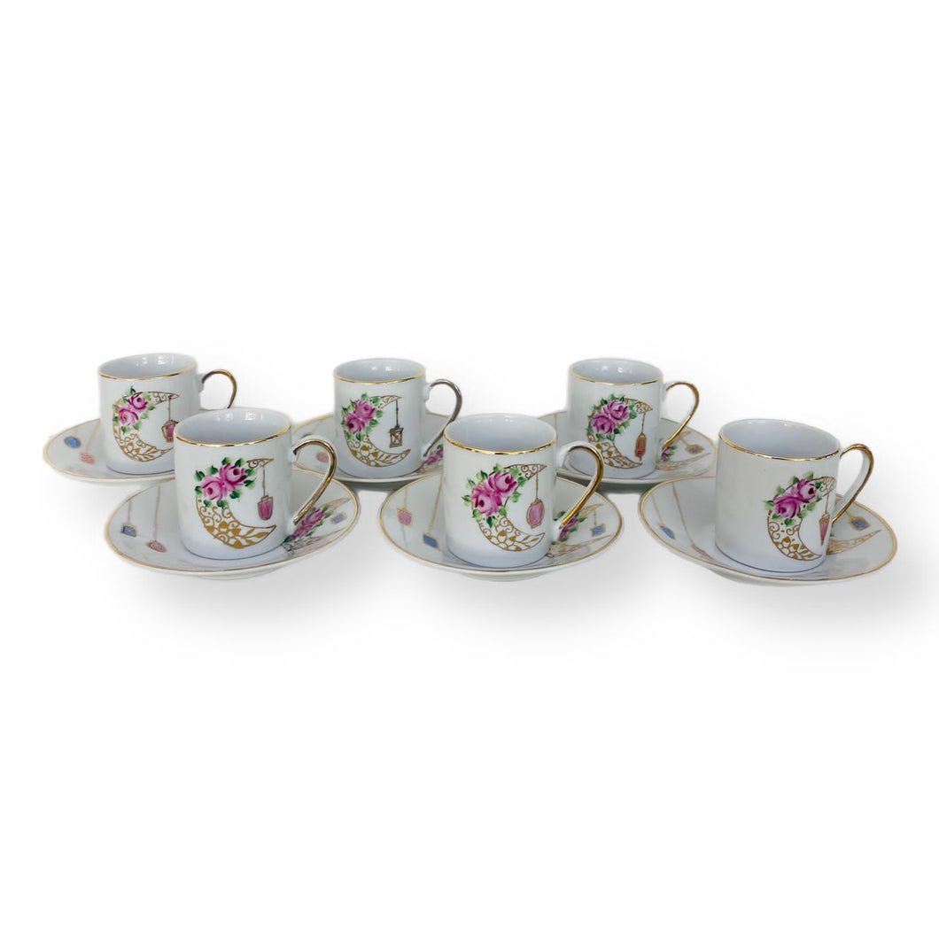 Ramadan Moon Roses Coffee Cups with Plate - Set of 6