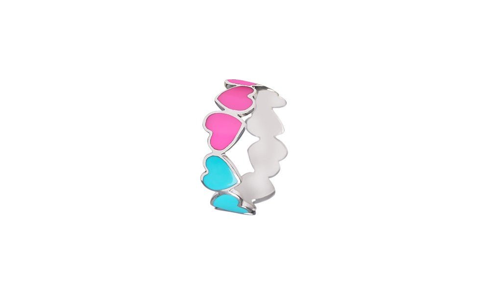 LRJC Heart of Hearts Pink & Aqua Enameled Ring Silver