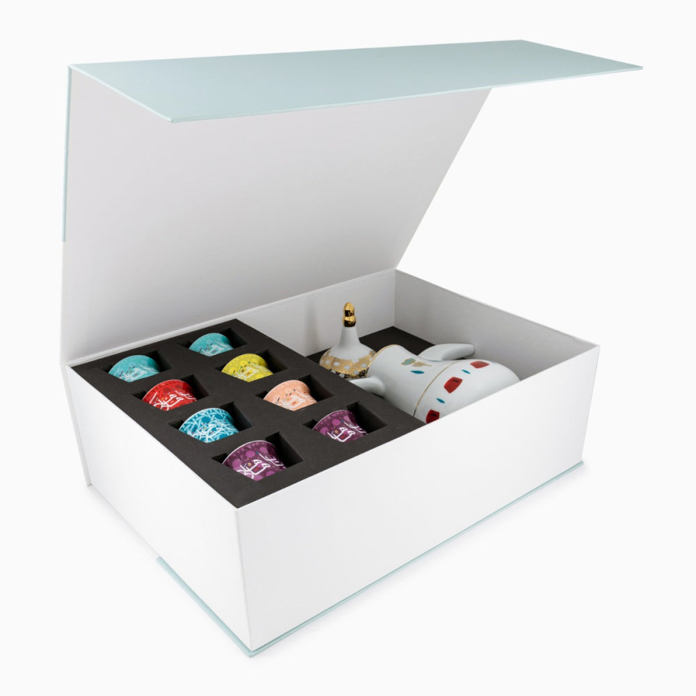 Silsal Gift Box Of Dallah & 6 Khaizaran Arabic Coffee Cups - Multicolored
