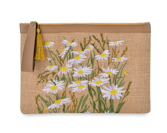 Jute Clutch with Embroidery - Daisies