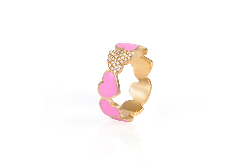 LRJC Heart of Hearts Pink Enameled & Diamonds Ring 18K Gold
